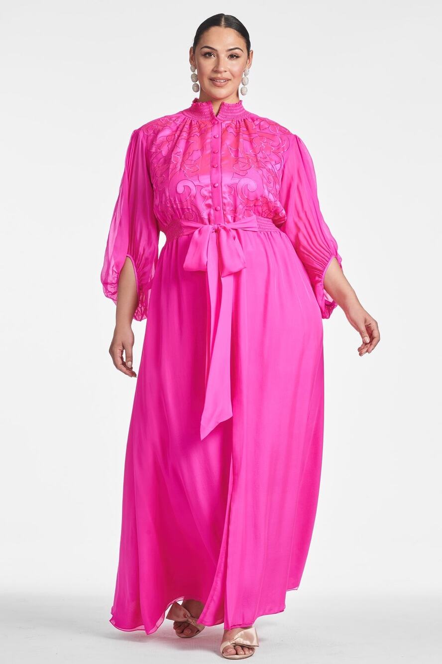 Sachin & Babi Beatrix Fuchsia Pink Silk Long Sleeve Embroidered Gown Size 16W